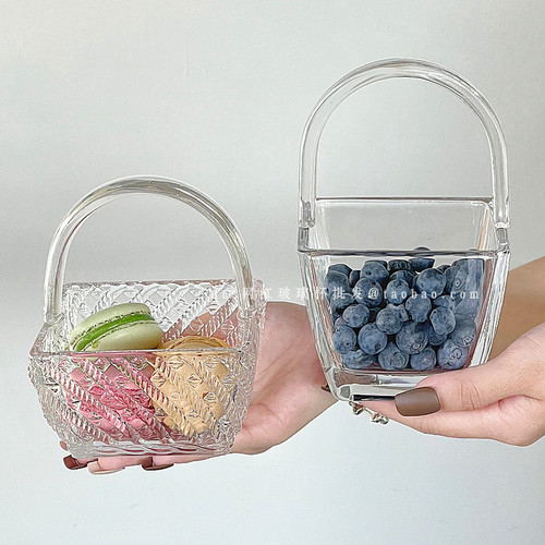 方形浮雕藤编玻璃水果篮手提篮
