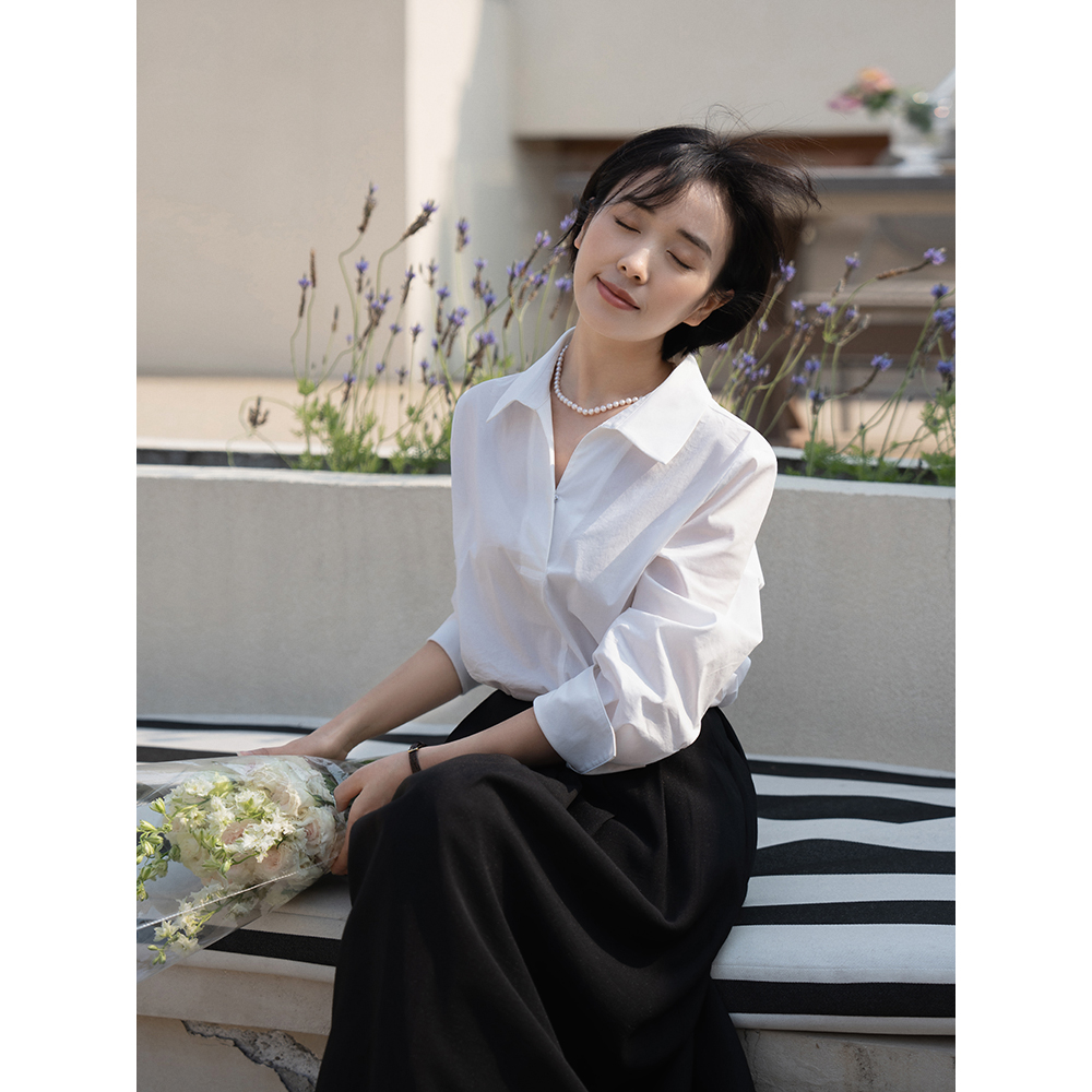 沫里themaury春夏简约翻领棉质白衬衫 宽松通勤长袖衬衣女c1016