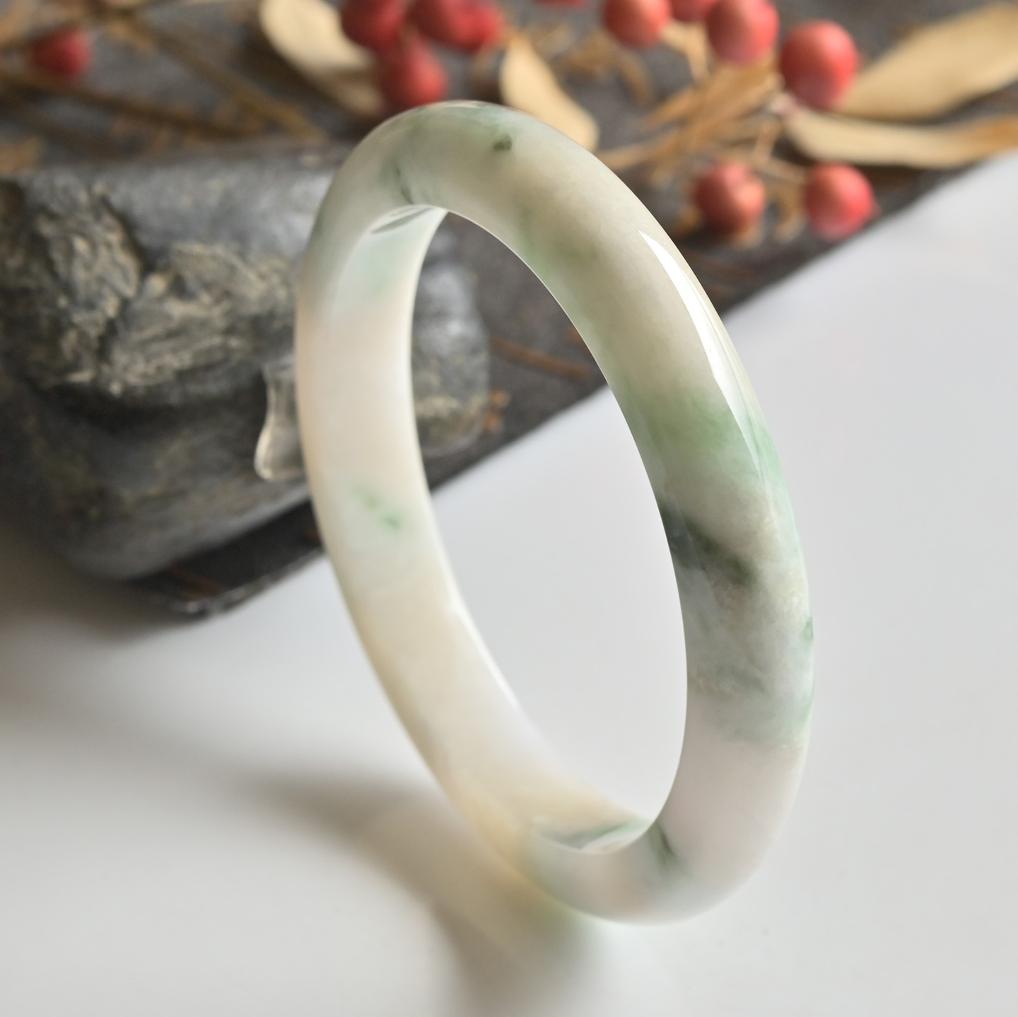 清仓天然A货翡翠手镯冰糯种双彩玉镯子女57.8缅甸玉手镯一物一图