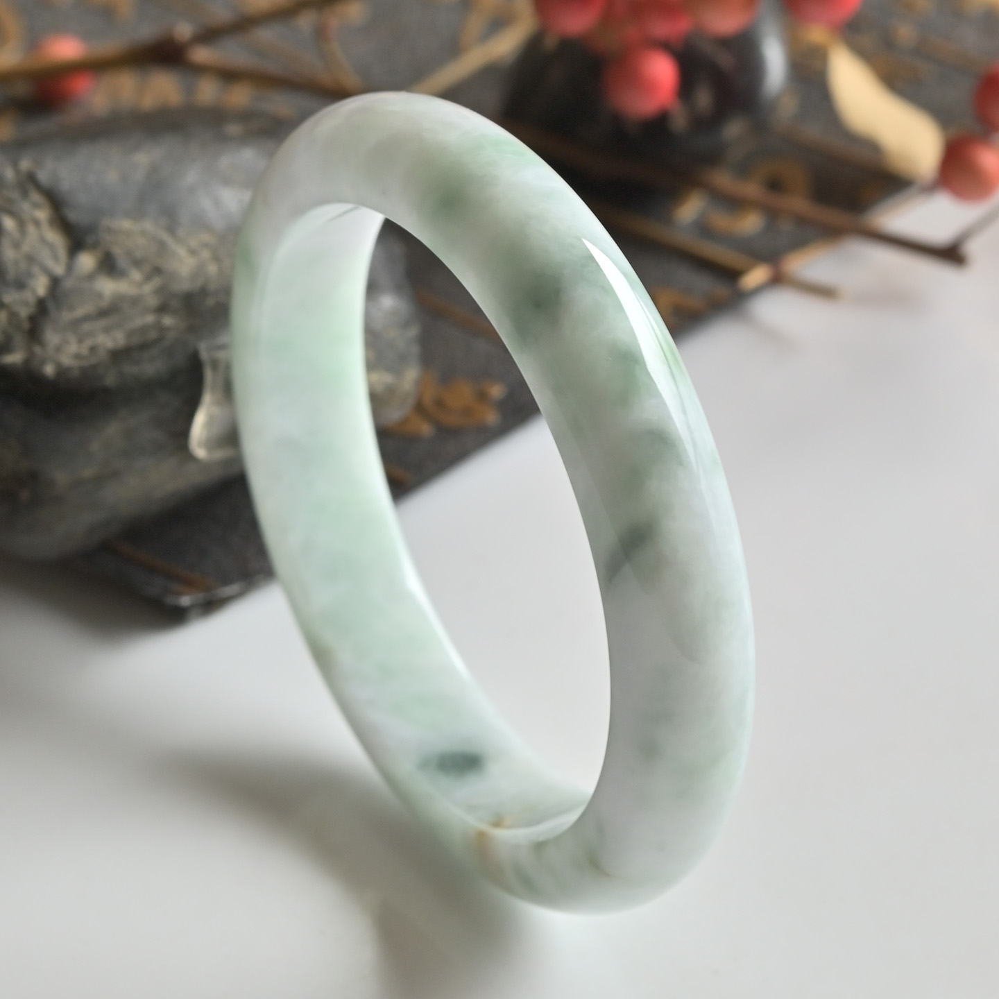 清仓天然A货翡翠手镯冰糯种飘花玉镯子女56.5缅甸玉手镯一物一图