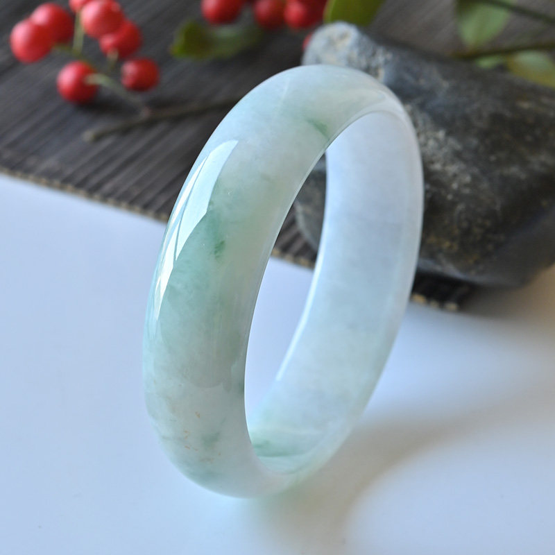 玉泰天然A货翡翠手镯冰种飘花宽版玉镯子女款58缅甸玉手镯贵妃镯