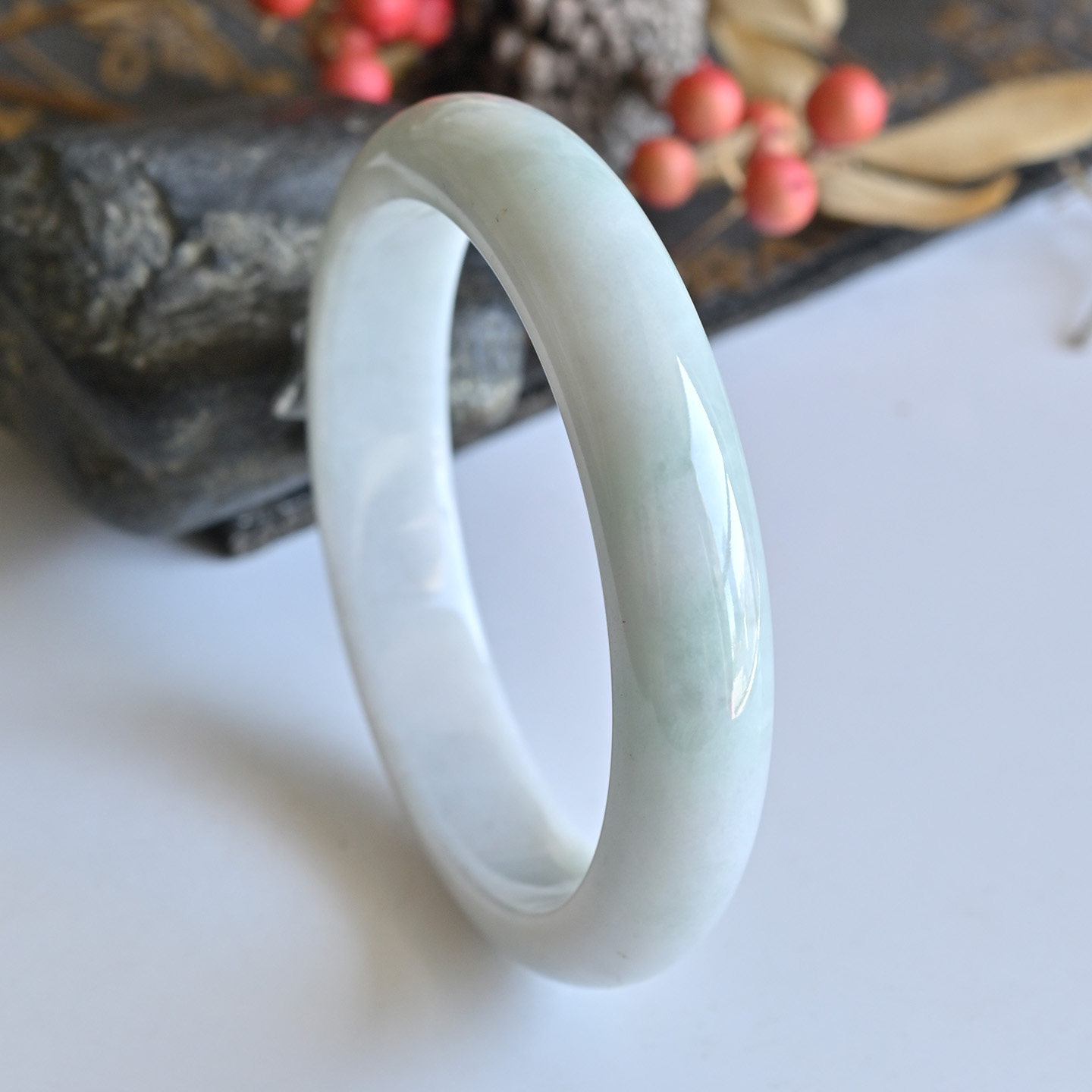 清仓天然A货翡翠手镯糯种玉镯子大尺寸60.7缅甸玉手镯一物一图