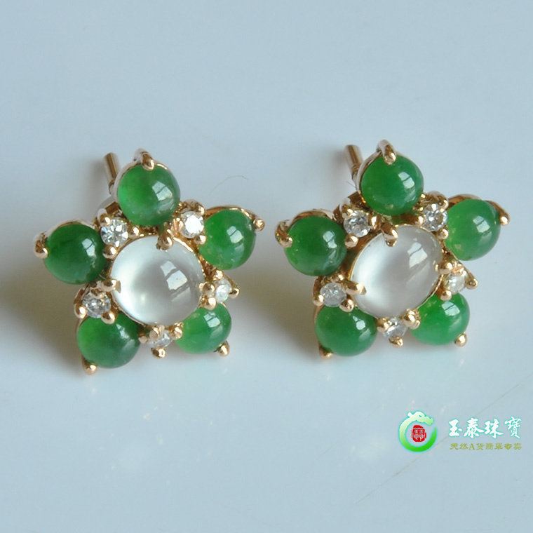 天然翡翠缅甸玉耳环老坑A货冰种正阳绿18K金镶玉耳饰花朵翡翠耳钉