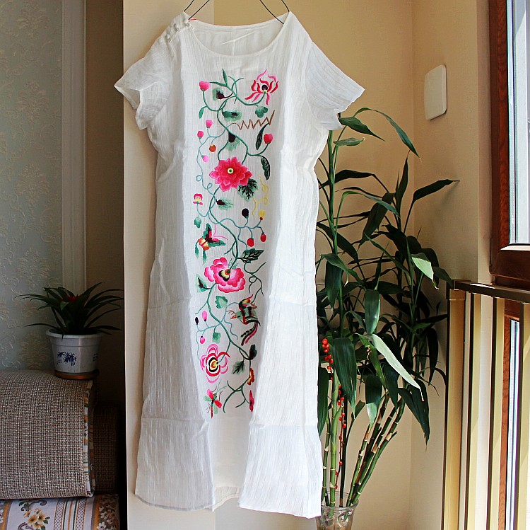 帛衣苑棉麻女装2017春夏新款重工刺绣长袍连衣裙短袖文艺范