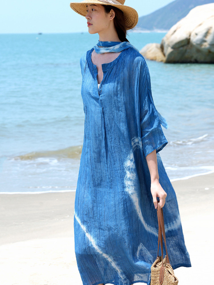 柒白肌理苎麻文艺扎染袍子宽松休闲冷淡度假风飘逸长款蓝染连衣裙