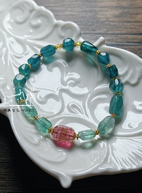 18k金蓝碧玺原石随形手链 全蓝绿 方糖回纹桶珠 不规则手串lagoon