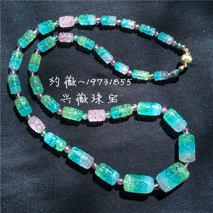 难再有~私家品质 碧玺回纹桶珠项链 帕拉伊巴荧光蓝绿粉 雕刻锁骨
