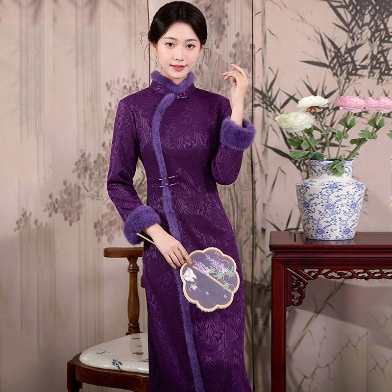 紫色加绒国风新中式长袖改良旗袍冬季厚款女复古妈妈装连衣裙秋冬