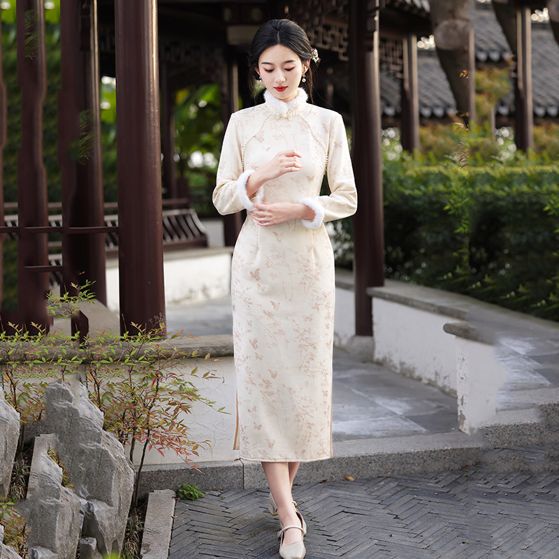 2025新款复古秋冬蕾丝加绒国风长袖改良旗袍冬季厚款女新中式女装