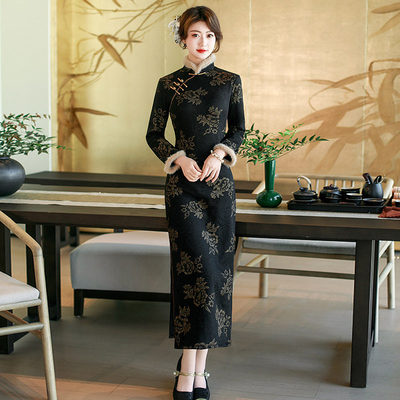 25年黑色妈妈加绒冬装国风新中式长袖旗袍冬季厚款改良年轻款