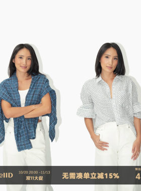 WellD 亚麻 90年代松弛感蓝白格初秋衬衫外套女装老钱风上衣