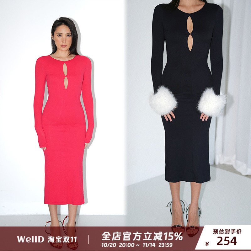 WellD魔术系列圣诞款 skim*s同款面料 镂空圆领长袖连衣裙
