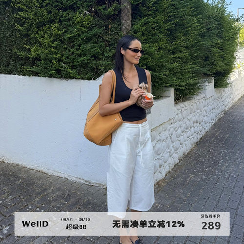 WellD 时髦R0W风 打褶抽绳工装休闲中裤女极简高级感百搭宽松裤子