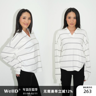 WellD 云朵空气感，V领条纹宽松收口袖POLO衫T恤简约宽松长袖上衣