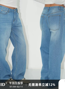 WellD 蓝色水洗Nova Straight 中腰直筒牛仔裤女宽松直筒阔腿长裤
