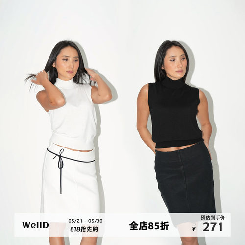 WellD 90s时髦时装款 真丝羊毛无袖小高领背心女经典高级百搭上衣