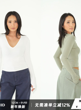 WellD 手工无骨缝合V领/圆领露指长袖T恤女修身显瘦百搭打底上衣