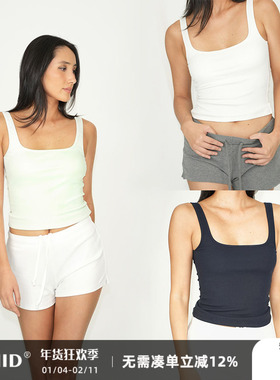 WellD  天丝棉凉感方领螺纹背心（含胸垫）可拆卸吊带上衣