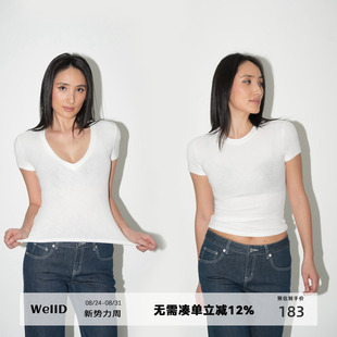 WellD  雪花棉V领圆领短袖T恤女春夏季基础百搭打底外穿上衣