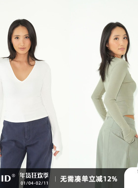 WellD 手工无骨缝合V领/圆领露指长袖T恤女修身显瘦百搭打底上衣