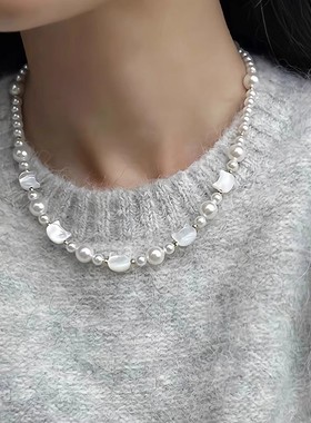 猫咪贝母珍珠项链女生气质简约小清新秋冬新款爆款网红珍珠锁骨链