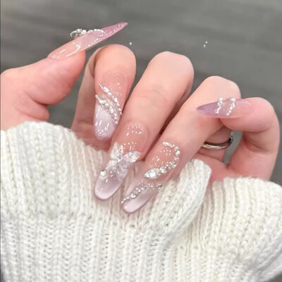 新款手工穿戴甲春日紫灵蛇九紫冰透蝴蝶甲片碎钻爆闪高级感美甲