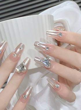 手工穿戴甲美甲爆闪镶钻新款极光魔镜粉气质仙女日式贴片穿戴式