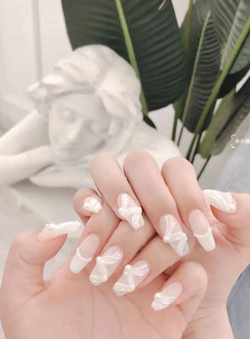 手工美甲光疗穿戴甲气质芭蕾舞鞋蕾丝飘带中长款日系穿戴式新娘甲