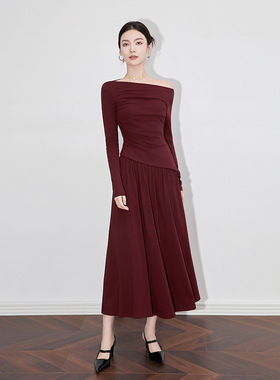 MLZD莉莉法式优雅安哥拉红设计感一字肩长袖上衣+半裙两件套装女