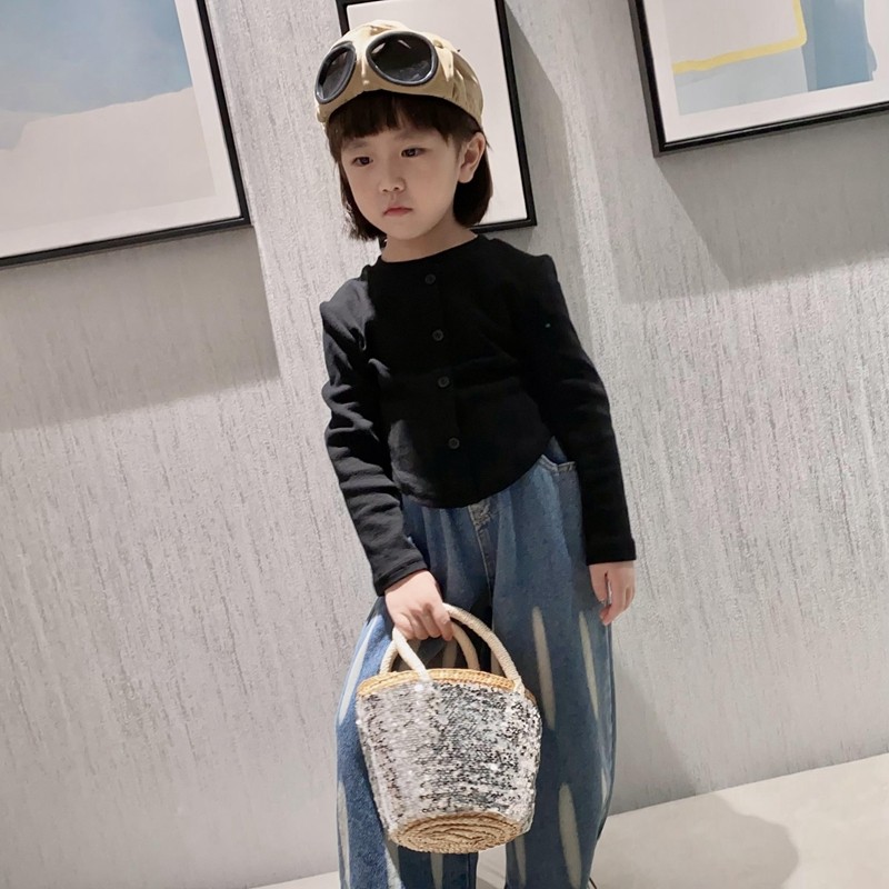 女童牛仔布阔腿裤时尚潮流风黑色纯棉T恤上衣街舞裤子两件套装裤