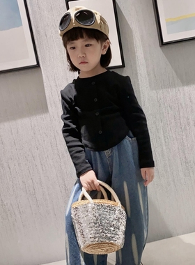 女童牛仔布阔腿裤时尚潮流风黑色纯棉T恤上衣街舞裤子两件套装裤