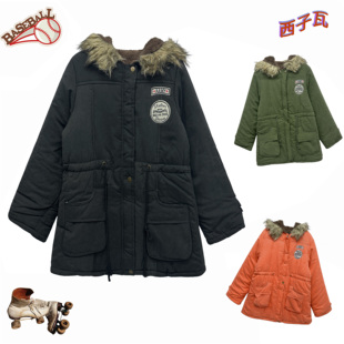 毛领加厚保暖连帽中长款 复古工装 棉服抽绳棉衣外套女 美式 外贸冬季