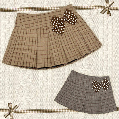 日杂风日系学院千禧百搭波点蝴蝶结呢料百褶半裙