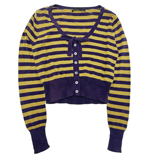 女 宽松针织毛衣开衫 古早长袖 V领条纹短款