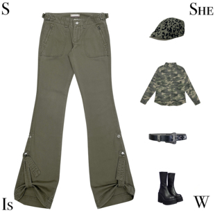 千禧风古早感日系美式 女 复古军绿色微喇低腰无弹力微喇叭休闲裤