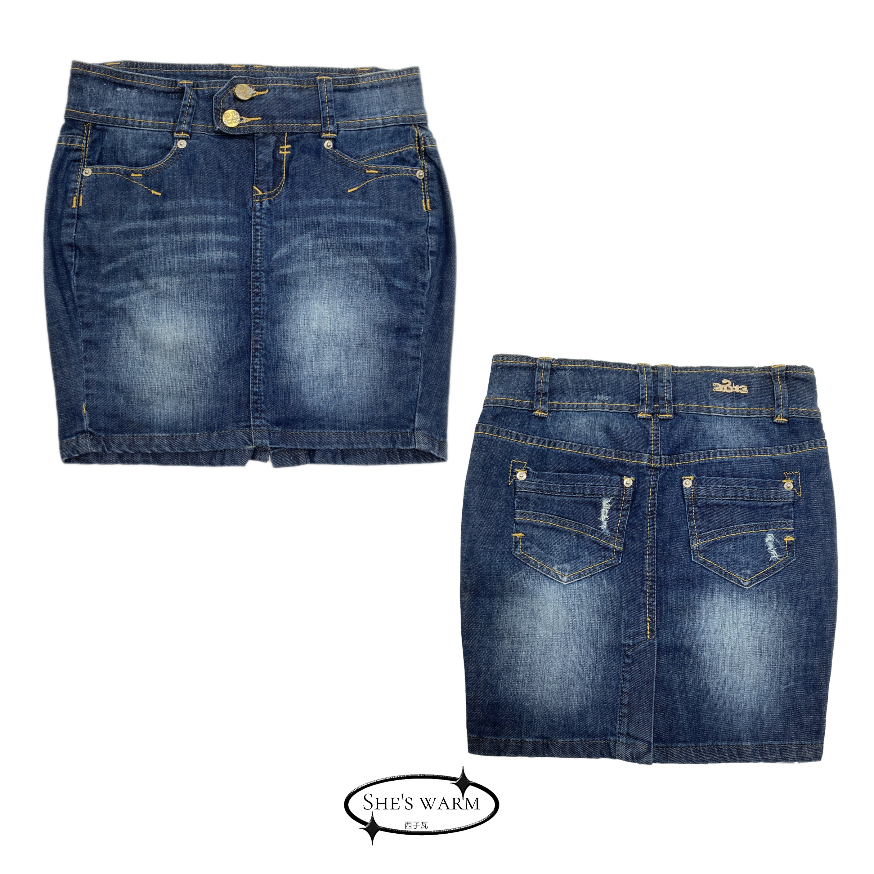 瑕疵特价|美式复古街头涩谷辣妹低腰洗水做旧棉弹牛仔包臀半身裙