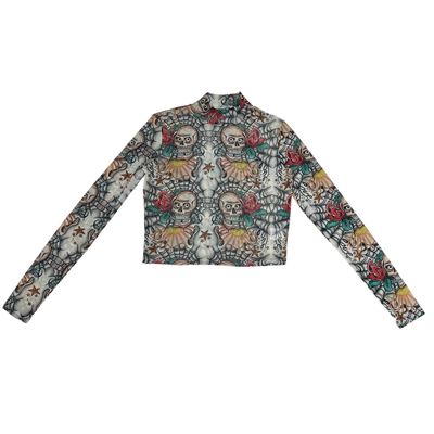 朋克摇滚西皮半高领弹力网纱骷髅印花长袖短款打底上衣女