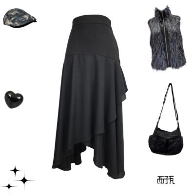 小码暗黑艺术系小众个性设计感黑色不对称百搭雪纺飘逸长裙半身裙