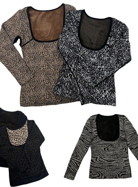 复古加绒保暖长袖低圆领长袖豹纹塑身打底衫上衣