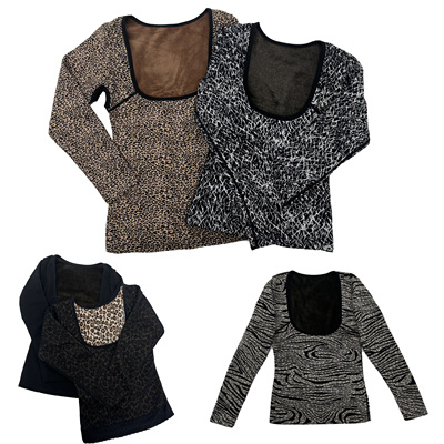 复古加绒保暖长袖低圆领长袖豹纹塑身打底衫上衣