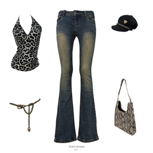 古早早韩非主流外贸品牌单复古辣妹做旧水洗低腰弹力牛仔微喇裤