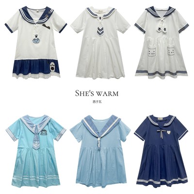 亚文化日系学院风水手校园JK制服拼色海军领宽松中短袖衬衣连衣裙