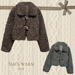 冬季 日系学院牛角扣仿皮草环保皮草泰迪卷毛毛短外套女