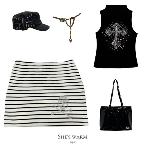 25夏经典千禧早古韩版涩谷街头辣妹黑白条纹烫钻骷髅头短裙半身裙