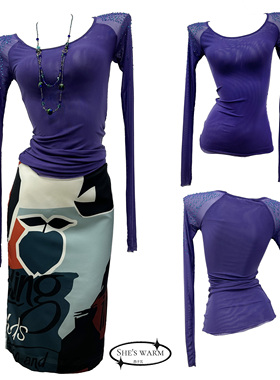 瑕疵特价|高品质春夏梦核千禧辣妹复古紫色烫钻弹力网纱透视打底