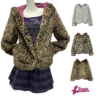 古早感涩谷辣妹千禧复古豹纹环保皮草毛毛连帽外套女