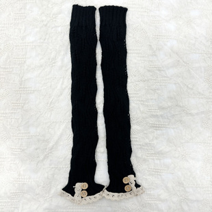 复古文艺蕾丝花边纽扣针织毛线手套冬季 加长护腕针织半指手套 新款