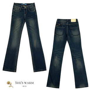 25秋美式 子女 复古水洗做旧辣妹街头超低腰深蓝色显瘦直筒牛仔裤