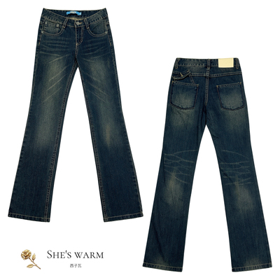 25秋美式复古水洗做旧辣妹街头超低腰深蓝色显瘦直筒牛仔裤子女