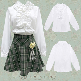 白色复古宫廷风光泽感荷叶领花边衬衣女